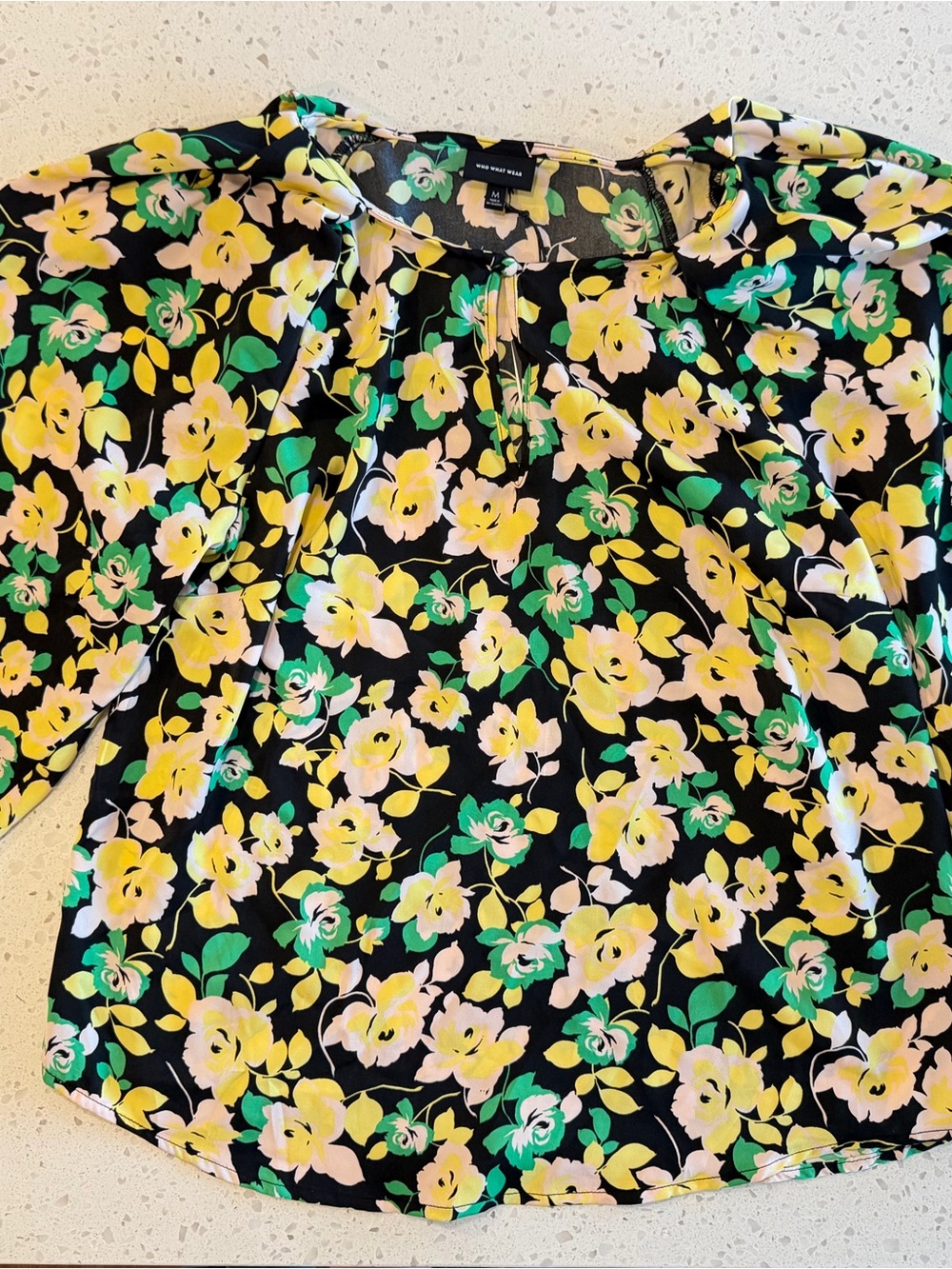 Who What Wear Yellow & Green Floral Keyhole Blouse on Black